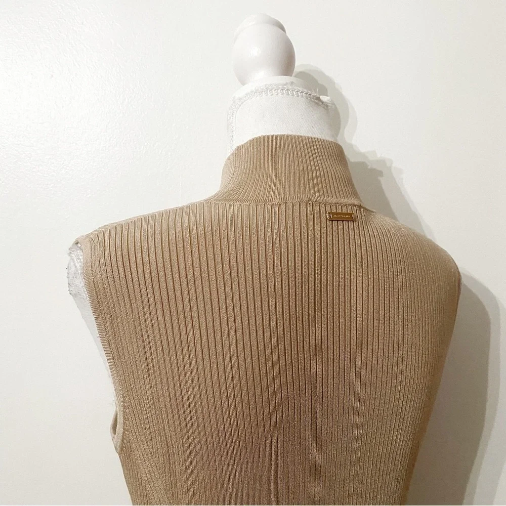 Marciano CAMEL TAN RIBBED STRETCH MOCK NECK SLEEVELESS BODYCON DRESS - Picture 7 of 10